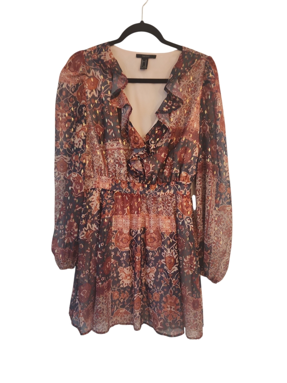 Forever21 Boho Metalic GoldFlecks MixedTapestry EarthTonePrint RuffleDress SizeM